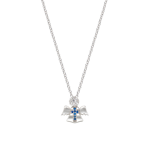 Collana AMEN Angioletto e Croce con zirconi bianchi e blu